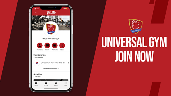 A mobile phone with the BUCS website loaded on it next to the words 'universal gym join now' and the red BUCS logo